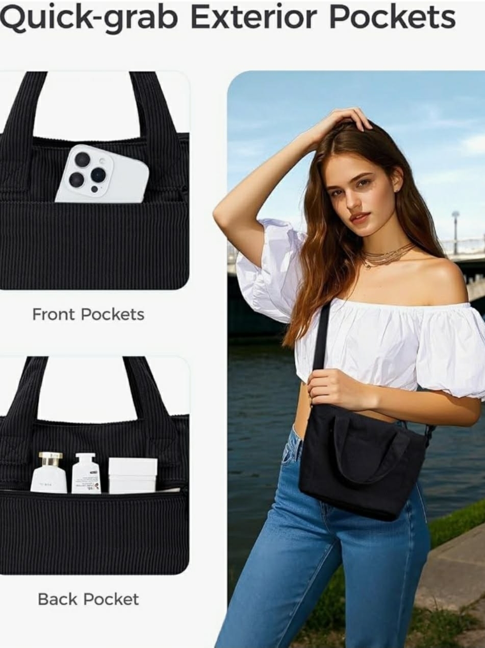 Mini Black Corduroy Shoulder Tote Bag with Removable Strap NWT - Picture 4 of 16
